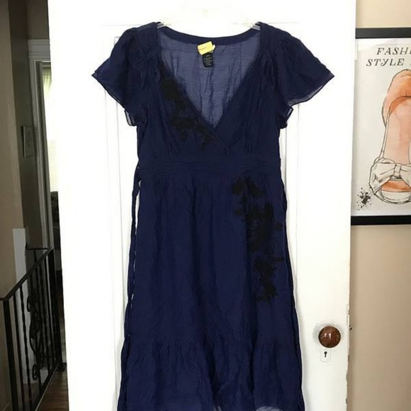 Anthropologie Lithe Blue Dress Black Lace Trim - Picture 6 of 6